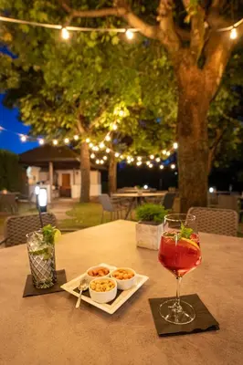 a drink and a plate of food on a table at Hotel ANDER in Brunico