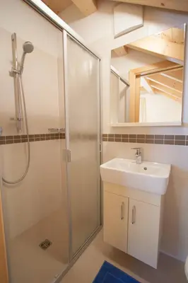 a bathroom with a shower and a sink at Hölzlhof Apartments in Rasun di Sopra