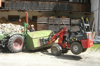 a tractor parked next to a pile of wood at Hölzlhof Apartments in Rasun di Sopra