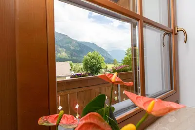 a window with a view of a mountain view at Hölzlhof Apartments in Rasun di Sopra