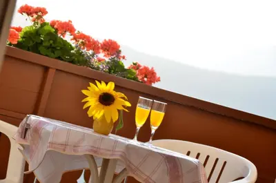 a table with two champagne glasses and a sunflower on it at Gästehaus Thaler in Caldaro