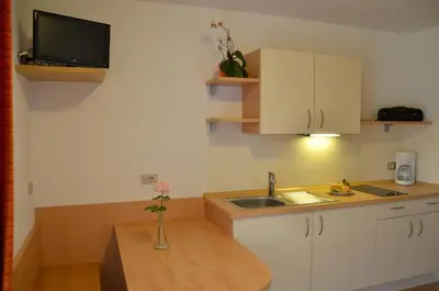 a kitchen with a sink and a tv on the wall at Gästehaus Thaler in Caldaro