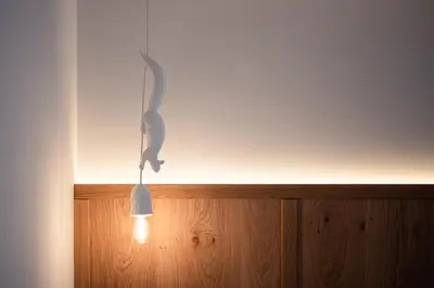 a white cat hanging from a light on a wall at B&B Boutiquehotel Clara in Brunico