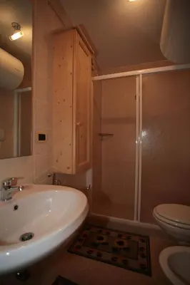 a bathroom with a sink and a shower and a toilet at Appartamenti Cercenà Deluxe in Canazei