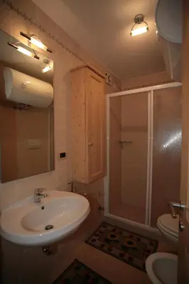 a bathroom with a sink and a shower at Appartamenti Cercenà Deluxe in Canazei