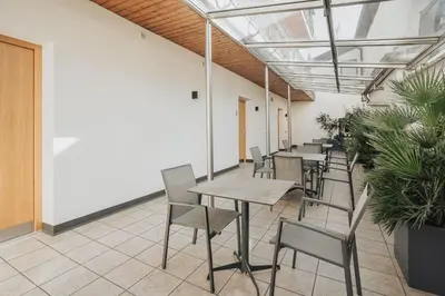a plant with green leaves and tables and chairs at Feichter Hotel & Living in Bolzano