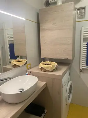 a bathroom with a sink and a washing machine at Casa Fam.Barbolini in Tesero
