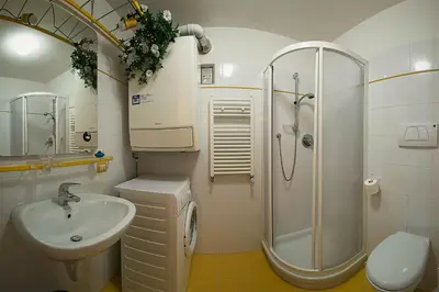 a bathroom with a sink and a shower and a toilet at Casa Fam.Barbolini in Tesero