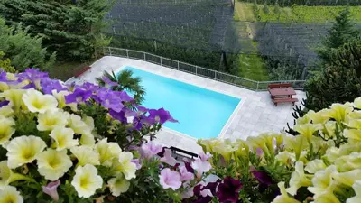 a swimming pool with purple and white flowers at Pension Weinberg in Rifiano