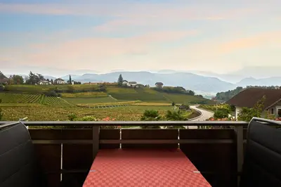 a red carpeted balcony with a view of mountains at Apartments in Kaltern, Panorama-Terrasse mit Bergblick nahe Zentrum in Caldaro