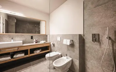 a bathroom with a sink and a toilet and a mirror at Familienhotel Viktoria in Ultimo