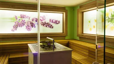 a sauna with two windows with purple flowers at Pitterlehof in Chienes