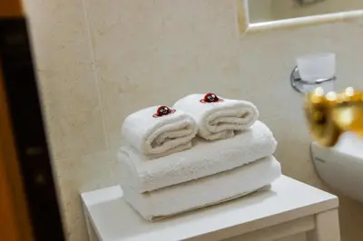 a stack of towels on a table in a bathroom at Hotel Pension Odles in San Martino in Badia