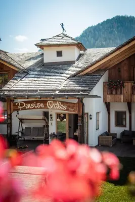 a building with a sign that reads division colleges at Hotel Pension Odles in San Martino in Badia