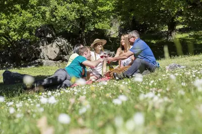 a group of people sitting on the grass in a field at Engadiner Apartments & Wines in Montagna