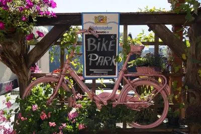 a pink bike parked next to a sign with flowers at Gasthof La Pli Apartments in San Vigilio Di Marebbe