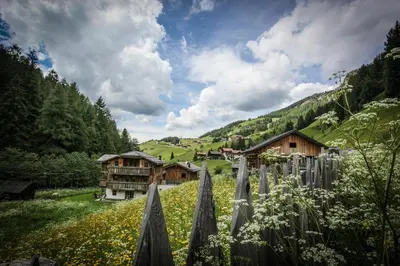a village in the mountains with a field of flowers at Casa Serac´ in La Valle
