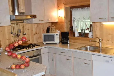 a kitchen with a stove and a sink and a microwave at Ferienhaus-Grünfelder in Luson