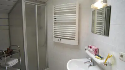 a bathroom with a sink and a shower and a mirror at Ferienhaus-Grünfelder in Luson