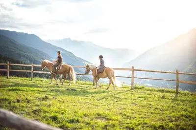 two people riding horses in a field near a fence at Ferienwohnung - THOLER in Lagundo