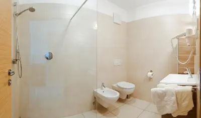 a bathroom with a shower and a toilet and a sink at Ferienwohnungen St. Michael in Appiano sulla Strada del Vino