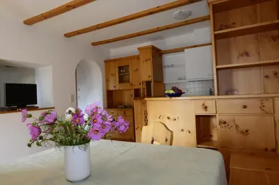 a vase with purple flowers on a table in a kitchen at Residence Kampidell in Siusi