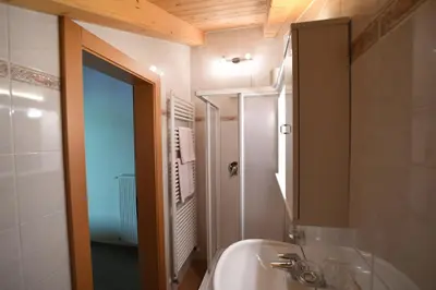 a bathroom with a sink and a shower and a sink at Boarhof Appartaments in San Giacomo Val di Vizze