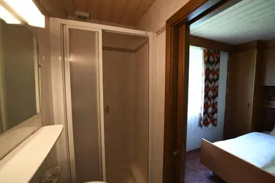 a bathroom with a shower and a bed and a tub at Boarhof Appartaments in San Giacomo Val di Vizze