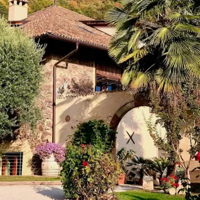 a house with a palm tree and flowers in front of it at Ansitz Strengherrnhof in Caldaro