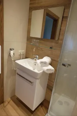 a bathroom with a sink and a shower at Ansitz Strengherrnhof in Caldaro