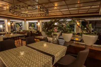 a restaurant with tables and chairs and potted plants at Hotel Ciasa Salares in San Cassiano