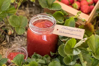 a jar of strawberry jam next to a bunch of strawberries at Mounthotel Niggl in Nova Levante