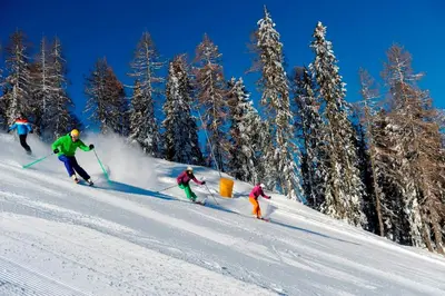 a group of people skiing down a snow covered slope at Mounthotel Niggl in Nova Levante