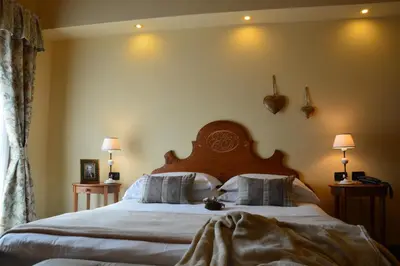 a bedroom with a large bed with a wooden headboard at Hotel Garnì Carpe Diem in Vigo di Fassa