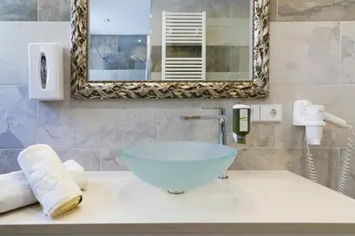 a bathroom with a bowl sink on a counter at Hotel Leitner in Mühlbach