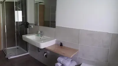 a bathroom with a sink and a shower at Agriturismo Gfaderhof in Bressanone