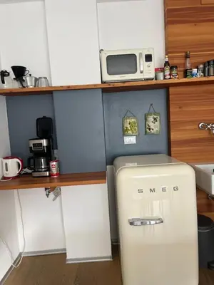 a small kitchen with a refrigerator and a microwave at M-Loft merangardenvilla in Merano