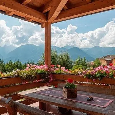 a picnic table with a view of mountains and flowers at Hotel Alla Rocca in Varena