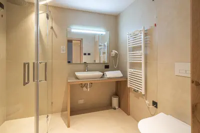 a bathroom with a sink and a shower at Hotel Bellavista in Cavalese