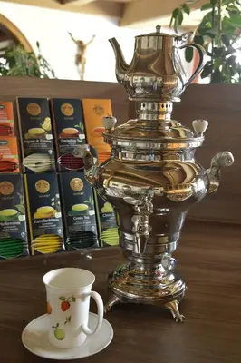 a silver tea kettle and a cup on a table at Hotel Walder in Schenna