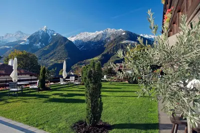 a view of a lawn with mountains in the background at Hotel Walder in Schenna
