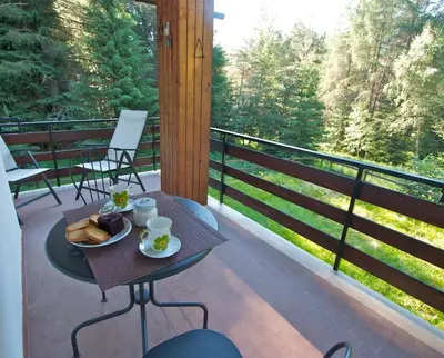 a table with a plate of food on a balcony at Villa La Brisa in Predazzo