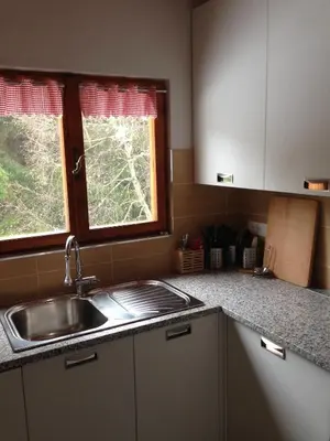 a kitchen with a sink and a window at Villa La Brisa in Predazzo