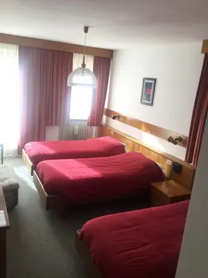 two beds in a room with blue sheets at Hotel Alpenrose in Alleghe