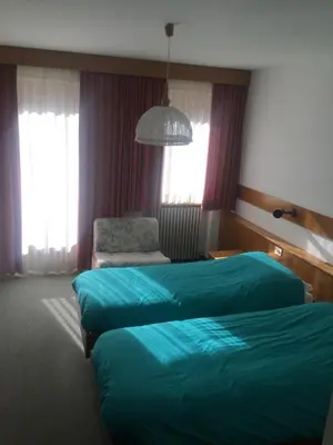 a bedroom with a blue bed and a mirror at Hotel Alpenrose in Alleghe
