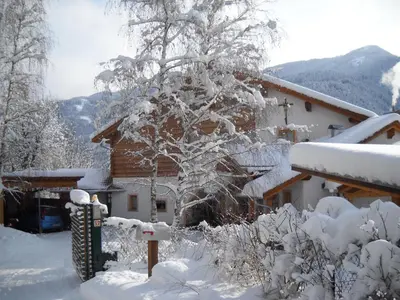 a house with a tree covered in snow at Castelir Suite Hotel in Panchia