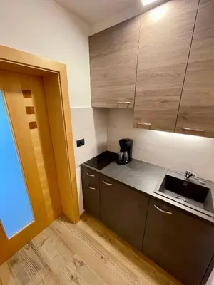a kitchen with wooden cabinets and a counter top at Gutshof Erschbaumer in San Lorenzo di Sebato