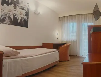 a bedroom with a bed and a wooden cabinet at Hotel Moena in Moena