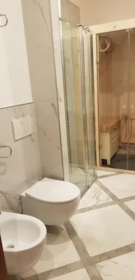 a bathroom with a shower and a toilet and a sink at Hotel Moena in Moena