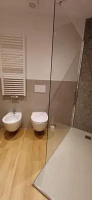 a bathroom with a toilet and a picture of a forest at Hotel Moena in Moena